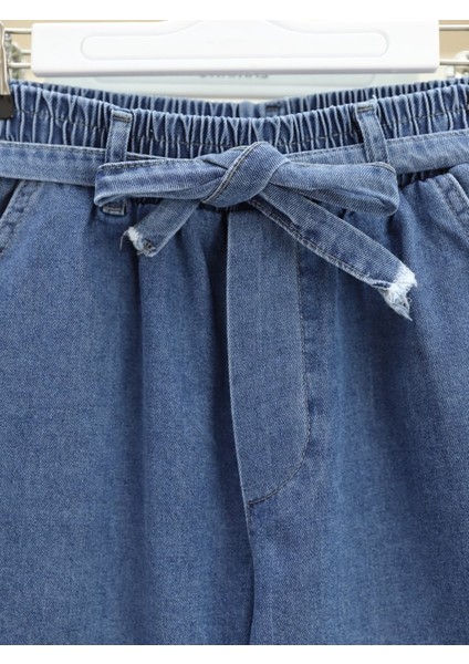 Bol Paça Beli Lastikli Kuşaklı Kot Pantolon -Koyu Mavi modelleri