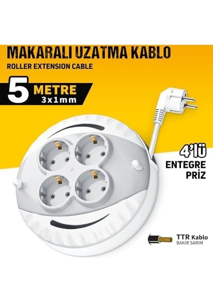 5 Metre Makaralı 4'lü Priz, Ttr Bakır Sarım Uzatma Kablo, Dörtlü Çoklu Priz, 5 Metre 3X1MM Kablo, 3000 Watt modelleri