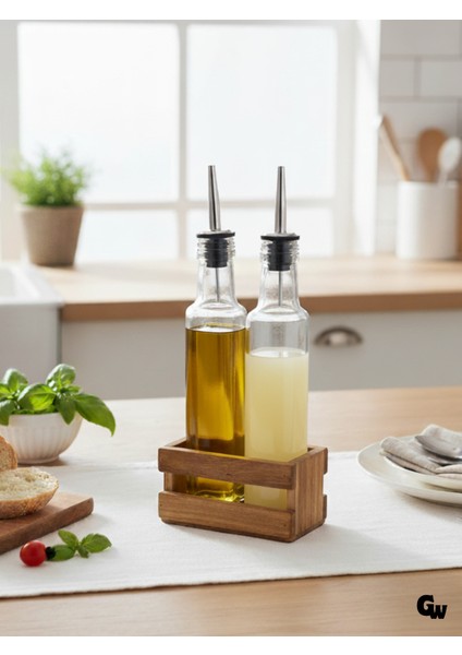 Ahşap Doğal 2li Yağdanlık ve Sosluk Ahşap Cam Set Takımı(Set)(Kiraz)(Uzun Başlık)