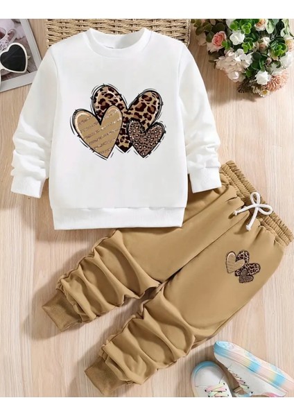 Punıx Kıds Özel Tasarım Kalpler Baskılı 3 Iplik Kalın Kışlık Kız Çocuk Sweatshırt Eşofman Takımı