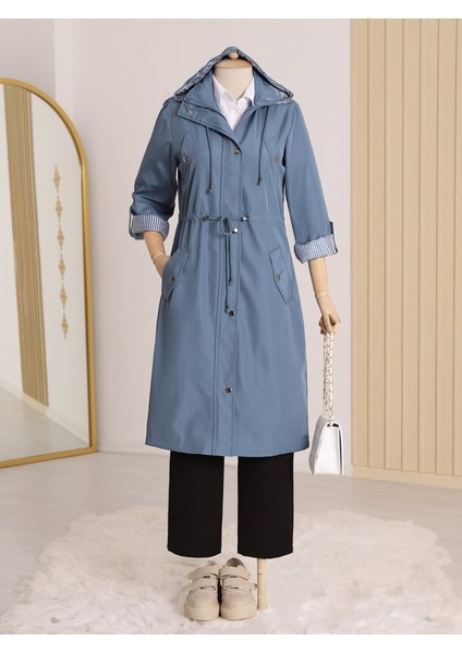 Astarı Çizgili Trençkot -Indigo