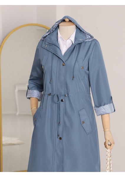 Astarı Çizgili Trençkot -Indigo fiyatları