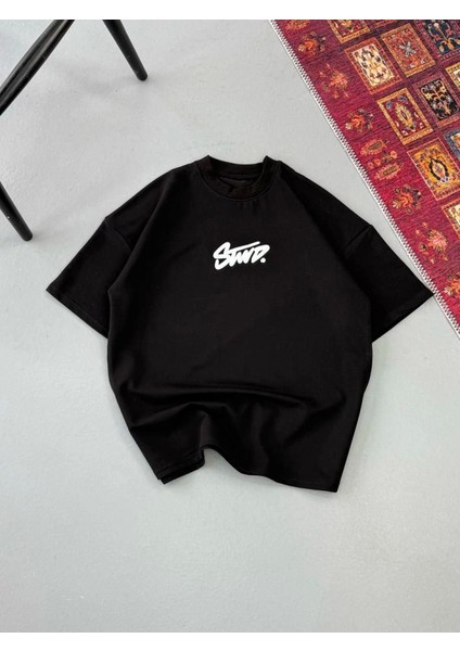 Erkek Baskılı Oversize T-Shirt - Siyah