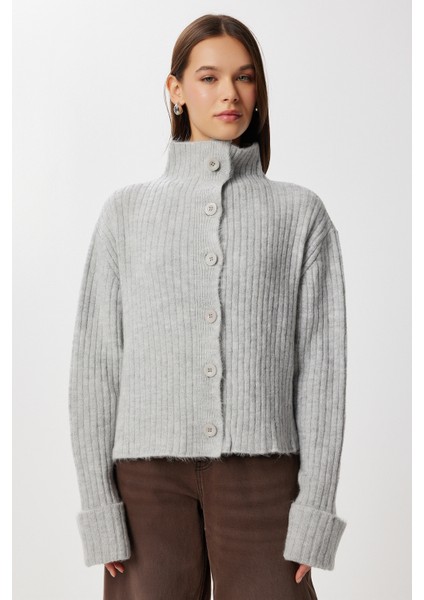 Yumuşak Dokulu Dik Yaka Triko Hırka LNF0026 Gri modelleri