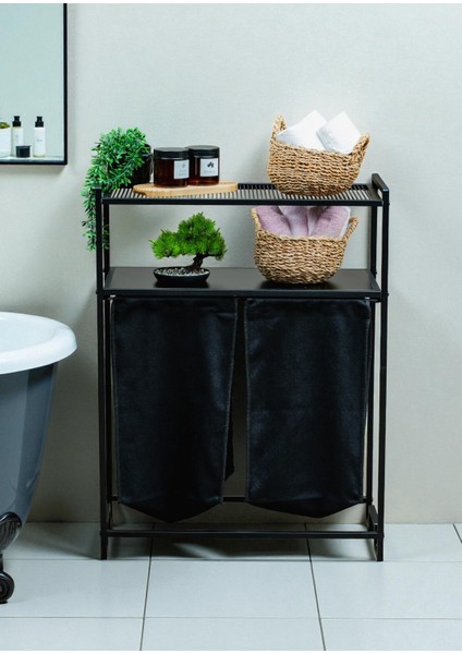 Dekoratif Kirli Sepetli Banyo Dolabı 2 Raflı 2 Bölmeli Çamaşır Sepeti Banyo Düzenleyici Organizer