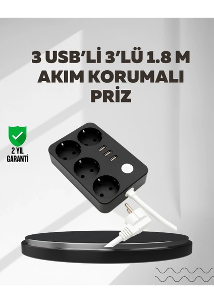 4.1A Hızlı Şarjlı Akım Korumalı 4 Priz ve 3 USB Çıkışlı Priz