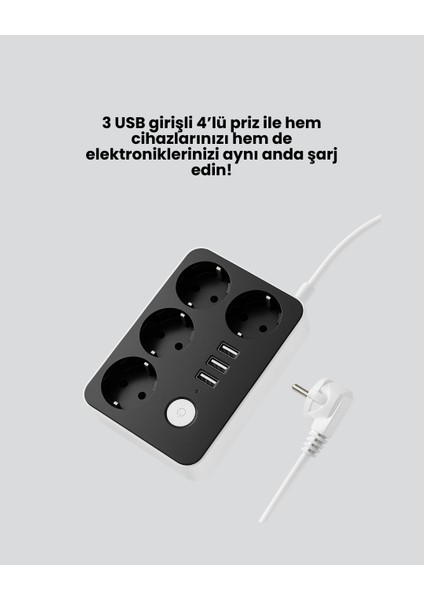 4.1A Hızlı Şarjlı Akım Korumalı 4 Priz ve 3 USB Çıkışlı Priz fiyatları