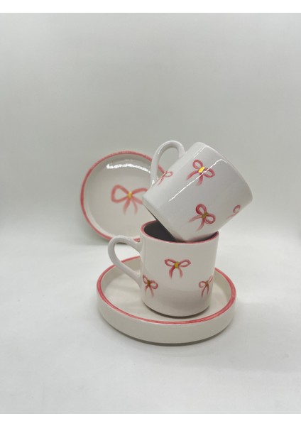 El Yapımı Seramik Fiyonk Desenli 2'li Türk Kahvesi Fincan Takımı