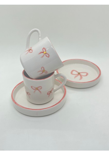 El Yapımı Seramik Fiyonk Desenli 2'li Türk Kahvesi Fincan Takımı