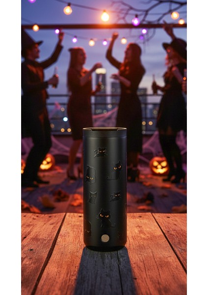 Kedi Tasarımlı Siyah Paslanmaz Çelik Termos 473ML fiyatları