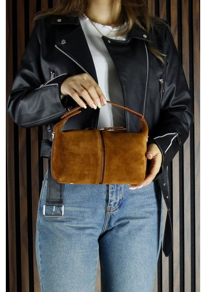Taba Hakiki Dana Süet Fermuarlı Askılı Iç Cepli Orta Boy Günlük Omuz Çantası