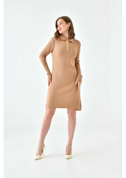 Kadın Elbise Polo Yaka Düğmeli Mini Boy Triko Elbise Camel - 10551