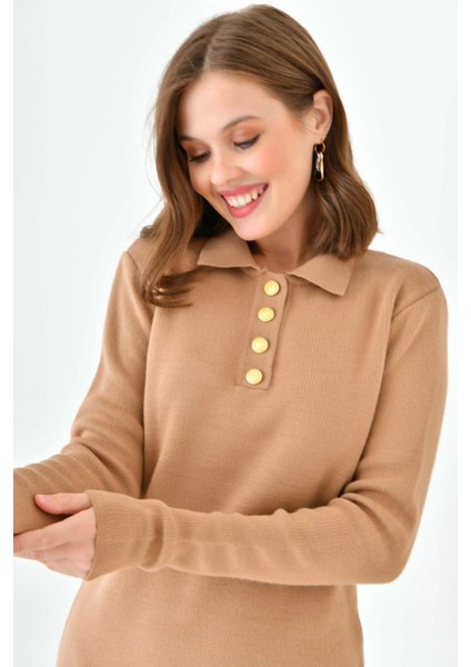 Kadın Elbise Polo Yaka Düğmeli Mini Boy Triko Elbise Camel - 10551 fiyatları