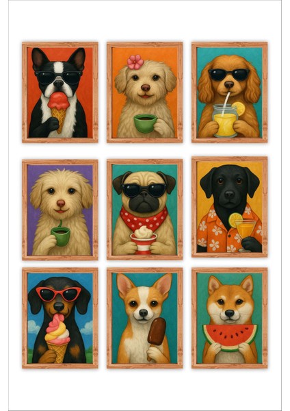 Sevimli Köpekler Çerçeve Görünümlü 9 Adet Ahşap Çerçeve Görünümlü Duvar Tablosu