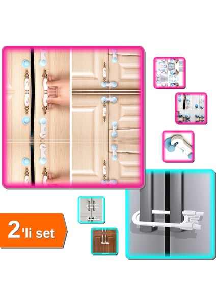 2 Adet Geçmeli Çocuk Koruma Kilidi + Raylı Bebek Çocuk Çekmece ve Dolap Koruma - 2li Set L4F2E5