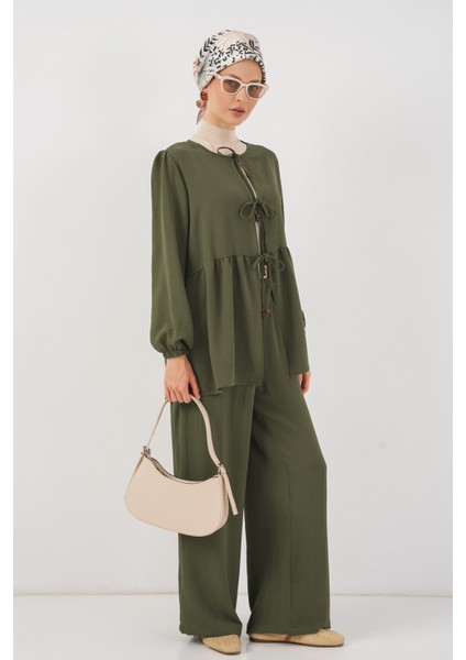Kadın Önü Bağcıklı Tunik Pantolon Ikili Takım 6744 - Haki