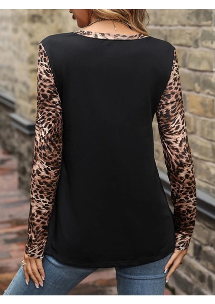 Kadın Uzun Kollu Önden Fermuarlı Cepli Leopar Detaylı Viskon