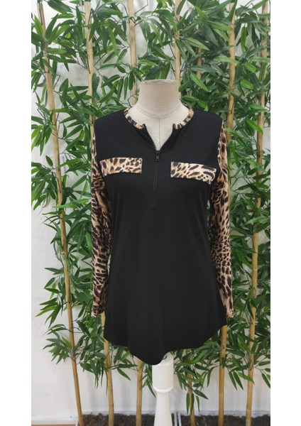 Kadın Uzun Kollu Önden Fermuarlı Cepli Leopar Detaylı Viskon