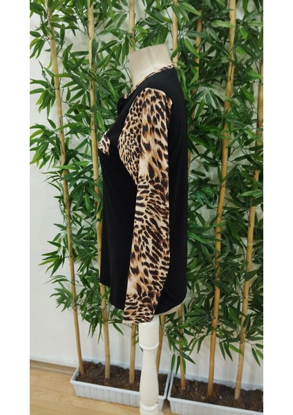 Kadın Uzun Kollu Önden Fermuarlı Cepli Leopar Detaylı Viskon