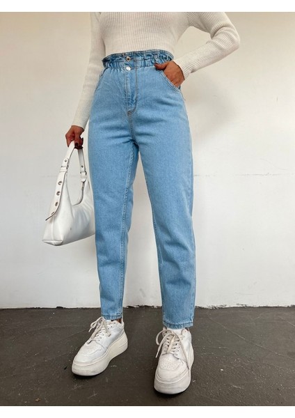 Beli Lastikli Yüksek Bel Kot Pantolon -Açık Mavi