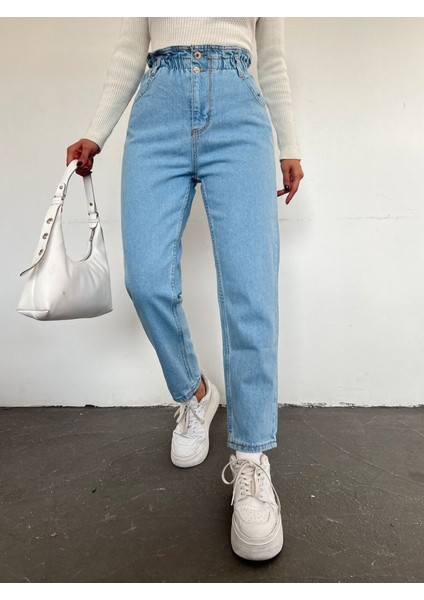 Beli Lastikli Yüksek Bel Kot Pantolon -Açık Mavi fiyatları