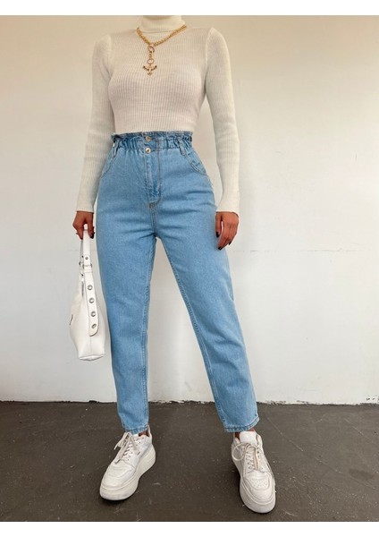 Beli Lastikli Yüksek Bel Kot Pantolon -Açık Mavi modelleri