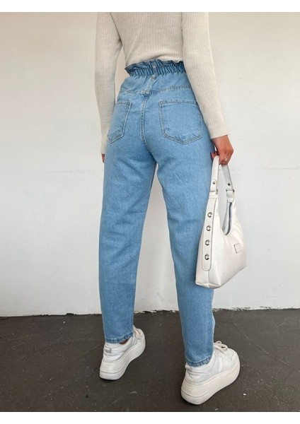 Beli Lastikli Yüksek Bel Kot Pantolon -Açık Mavi fırsatları