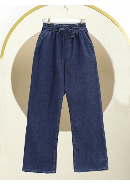 Bol Paça Beli Lastikli Kuşaklı Kot Pantolon -Indigo