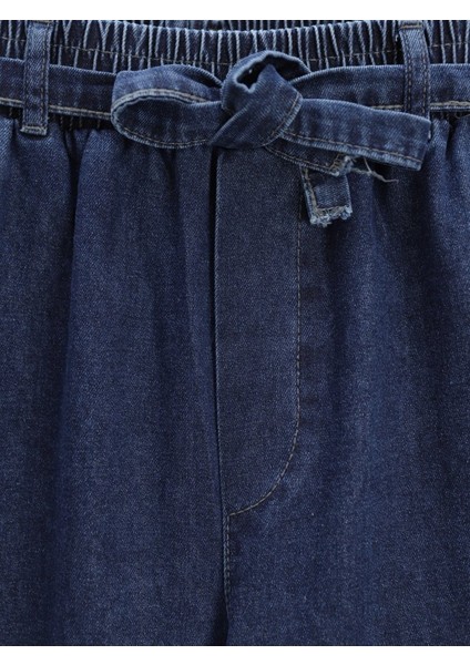 Bol Paça Beli Lastikli Kuşaklı Kot Pantolon -Indigo fiyatları