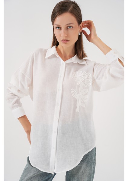Kadın Nakışlı Oversize Gömlek 20338 - Beyaz