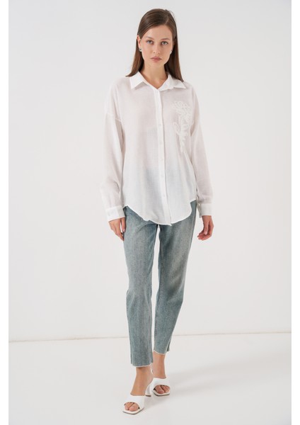 Kadın Nakışlı Oversize Gömlek 20338 - Beyaz fiyatları