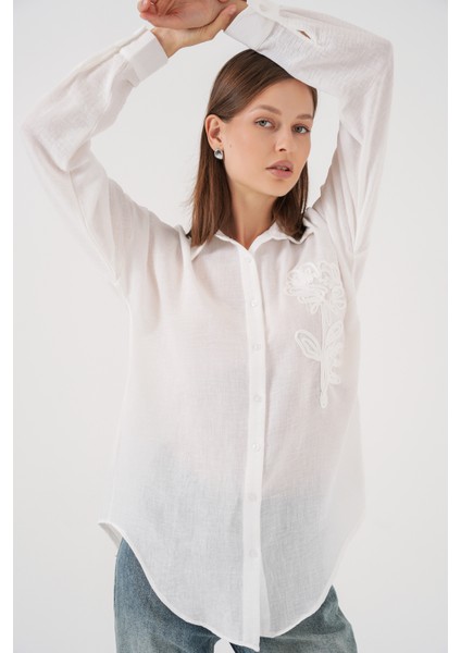 Kadın Nakışlı Oversize Gömlek 20338 - Beyaz modelleri