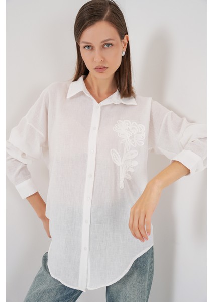 Kadın Nakışlı Oversize Gömlek 20338 - Beyaz fırsatları