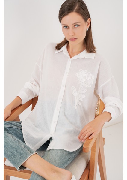 Kadın Nakışlı Oversize Gömlek 20338 - Beyaz indirimleri