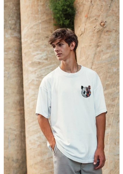 Unisex Baskılı Oversize T-Shirt - Beyaz modelleri
