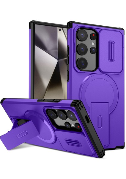 Samsung Galaxy S24 Ultra Için Manyetik Kılıf, Kayar Kamera Korumalı Çift Katmanlı Darbeye Dayanıklı Telefon Kılıfı, Ayarlanabilir Stand, Mor (Yurt Dışından)