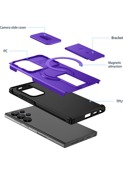 Samsung Galaxy S24 Ultra Için Manyetik Kılıf, Kayar Kamera Korumalı Çift Katmanlı Darbeye Dayanıklı Telefon Kılıfı, Ayarlanabilir Stand, Mor (Yurt Dışından) fiyatları