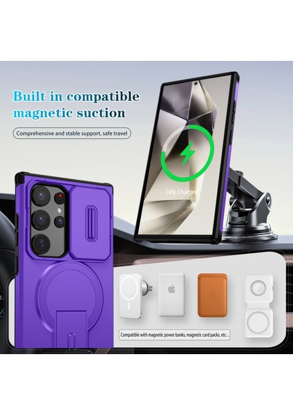 Samsung Galaxy S24 Ultra Için Manyetik Kılıf, Kayar Kamera Korumalı Çift Katmanlı Darbeye Dayanıklı Telefon Kılıfı, Ayarlanabilir Stand, Mor (Yurt Dışından) modelleri