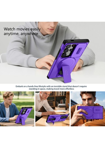 Samsung Galaxy S24 Ultra Için Manyetik Kılıf, Kayar Kamera Korumalı Çift Katmanlı Darbeye Dayanıklı Telefon Kılıfı, Ayarlanabilir Stand, Mor (Yurt Dışından) indirimleri