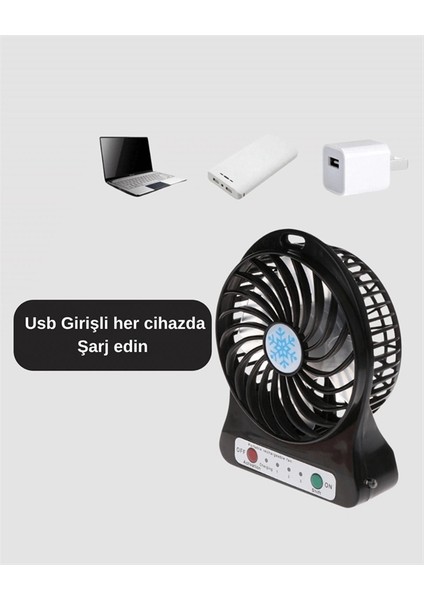 Mini Vantilatör Masaüstü – USB Girişli, Şarjlı, 3 Kademe, Sessiz Motor, Işıklı