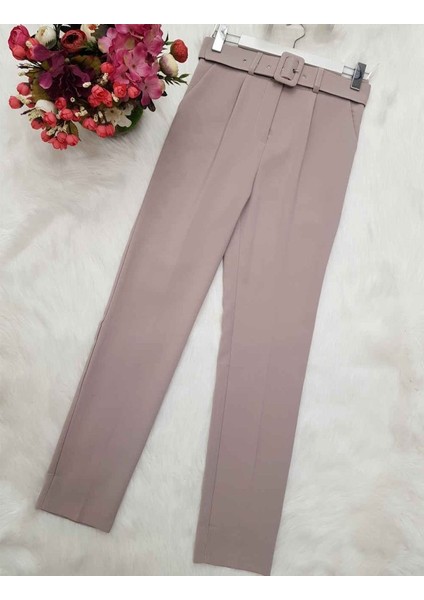 Kalın Kemerli Kumaş Pantalon -Krem