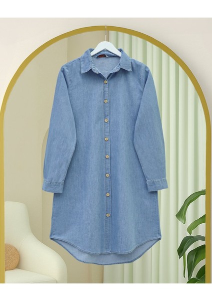Ahşap Düğmeli Uzun Kot Tunik -Açık Mavi