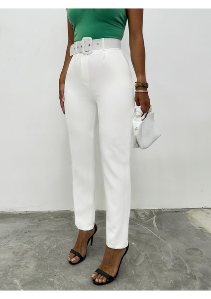 Kalın Kemerli Kumaş Pantalon -Ekru