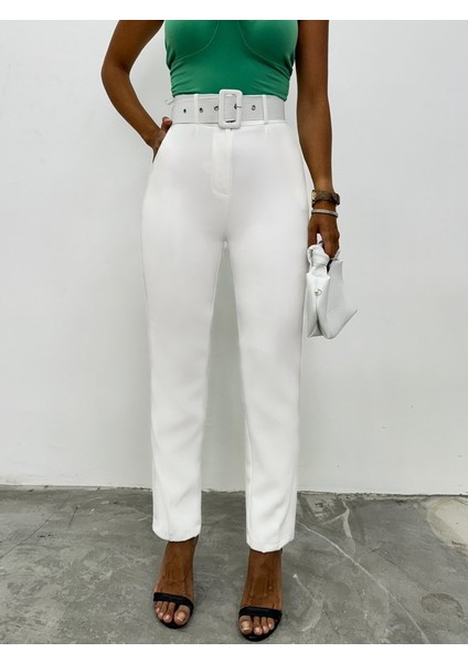 Kalın Kemerli Kumaş Pantalon -Ekru fiyatları