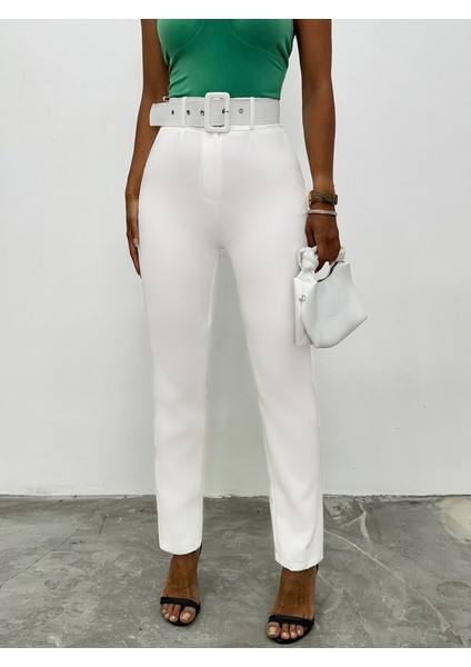 Kalın Kemerli Kumaş Pantalon -Ekru modelleri