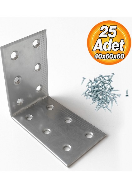 L Demir Gönye (25 Adet) 40X60X60 mm Metal Mobilya Bağlantı Aparatı Raf Köşe Sabitleme Demiri