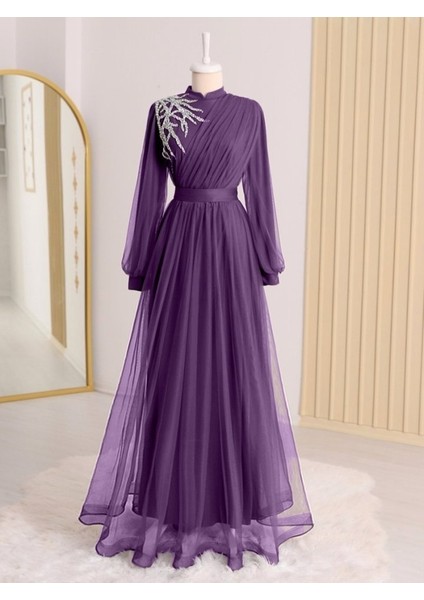 Önü Taş Detaylı Drapeli Kemerli Tül Abiye -Mor