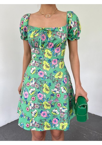 Yakası Lastikli Bağcık Detaylı Mini Elbise -A.yeşil