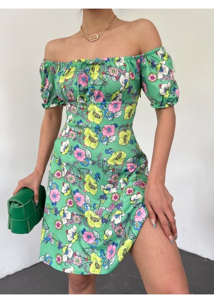 Yakası Lastikli Bağcık Detaylı Mini Elbise -A.yeşil modelleri