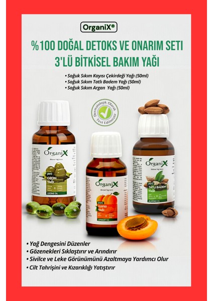 3'lü Doğal Bakım Yağı Seti - Soğuk Sıkım Kayısı+Badem+Argan Yağı Detoks ve Leke ve Karşıtı 3 x 50ML